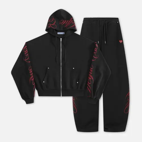 Aelfric Eden Boxy Embroidery 2 Piece Tracksuit Set High Waist Red Gothic Script Embroidery Detail Boxy Cropped Zip Up Hoodie + Baggy Wide Leg Sweatpants Soft Fabric Y2K Streetwear Unisex Two Piece Outfit, Tracksuit Sweat Suits, Sweatsuit Sets, Sportswear,