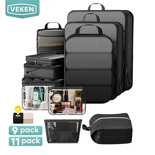 [Veken] 9/11Pcs Compression Packing Cubes, Life-Saving Expandable Travel Organizer Bags, Cut Half Your Luggage Mess, Durable Space Saver Pouches with Extra Toiletry Bag for Trip Clothing