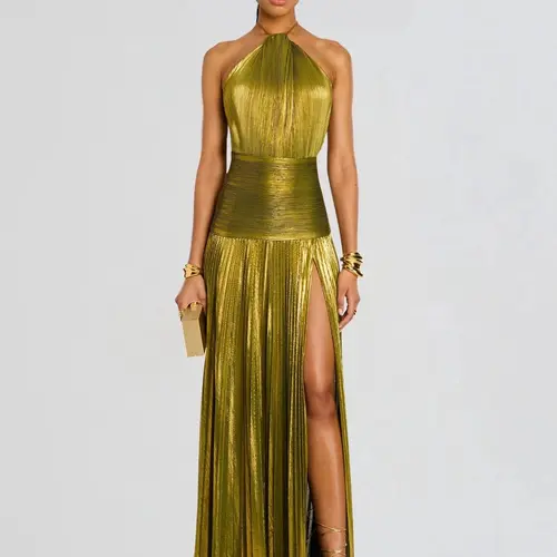 LikeMyChoice 2026 Metallic Olive Gold Pleated Halter Maxi Dress High Slit Formal Evening Gown for Women Sleeveless Floor-Length Maxi with Tie Closure - Fabric, Fit