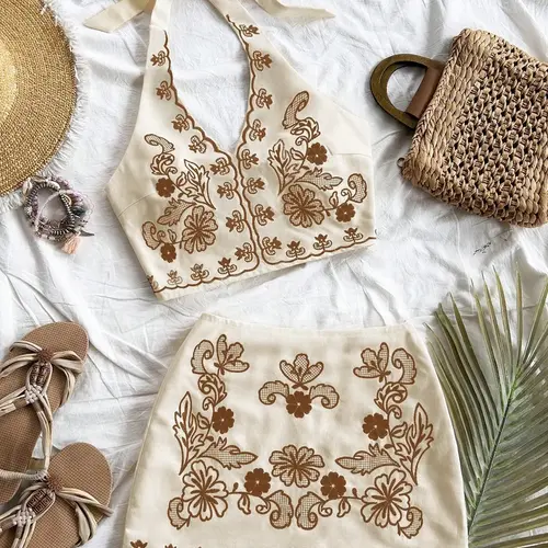 2 Piece Floral Embroidered Halter Top and Mini Skirt Set for Women, Skirt Top Sets, Bohemian Fitted Figure Flattering Matching Outfit for Beach Vacation Daily Wear Going Out Party Music Festival