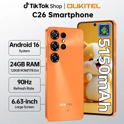OUKITEL C26 Cellphone - Android 16 Smartphone, 24(6+18)GB RAM + 128GB ROM, Octa-Core Processor, 6.63''HD+ 90Hz Smooth Scroll Display, 5150mAh Battery, 64MP+5MP AI Scene Auto Tune Camera, Dual SIM, GPS, OTG, USB, T-Mobile Compatible,sohochic