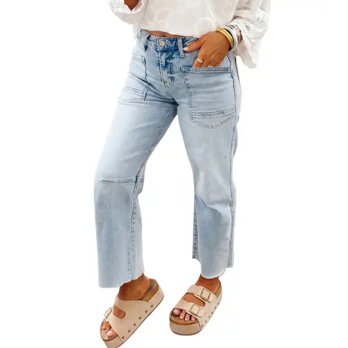 Asvivid Women's Frayed Cropped Straight Jeans with Pockets Denim Basic Fashion Casual Trouser Bottom Pants Womenswear Streetwear