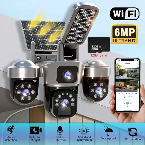 【BackToSchool】Solar cctv WiFi Security Camera with Spotlight 1080P HD Clear Picture PlR MotionDetection Color Night Vision Waterproof Black Security wireless Camera Dual lenses no dead ends Automatic Tracking wireless deals for you, Camera Security, Secur