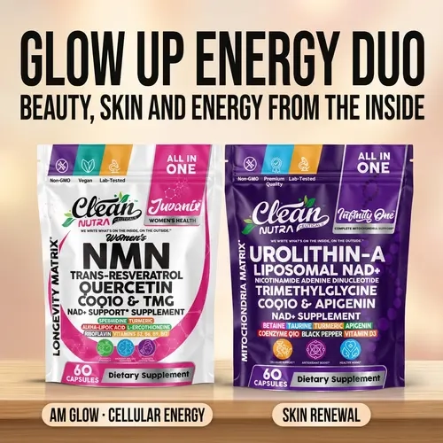 Urolithin A 250mg + NMN 500mg Beauty & Energy Duo Bundle for Women – NAD+ Supplement with Resveratrol Apigenin CoQ10 Quercetin – Mitochondrial Healthy Aging Cellular Energy Brain Health – 120 Capsules – Clean Nutra