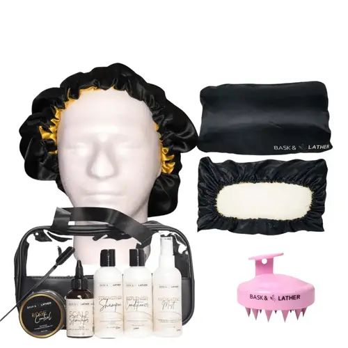 Mother's Day Special Set | Travel Essentials Hair Care Set, Double Lined Satin Bonnet & Pillowcase, Pink Scalp Massager | Help Support Thicker, Fuller Hair, Alopecia Support | Hair Growth Essentials