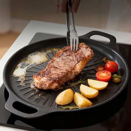 Non-Stick Grooved Edge BBQ Baking Tray - Sturdy, Durable, Compact, Lightweight Cookware with Dual Handles, Oil-Drain Grooves Keep Dishes Lighter, Grease Stays Off, Even Heating, Induction & Stove Compatible, Quick Wipe Cleanup for Family Use,sohochic