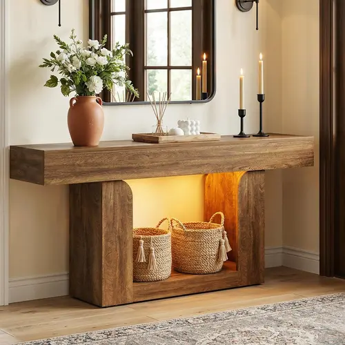 Homieasy 63'' Console Table, Entryway Table with LED Lights & Charging Station, Farmhouse Wooden Sofa Table for Living Room, Couch Table, Entrance Table, Living Room Furniture