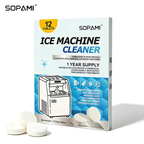 SOPAMI Ice Machine Cleaning Tablets - 12 Pieces Ice Machine Maintenance Cleaner, Lime Scale Remover, Odor Control for Countertop & Commercial Units, Gentle on Stainless Steel