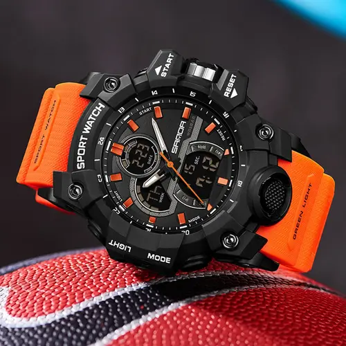 Sanda 6198 Dual Display Sports Watch, Quartz Watch, Analog Quartz Watches, Analog Wristwatches, 50m Waterproof, Waterproof Quartz Wristwatch, Waterproof Sport Watches, Night Vision, Scratch-Resistant Acrylic Mirror, Tpu Strap, Hardcore Functional Style