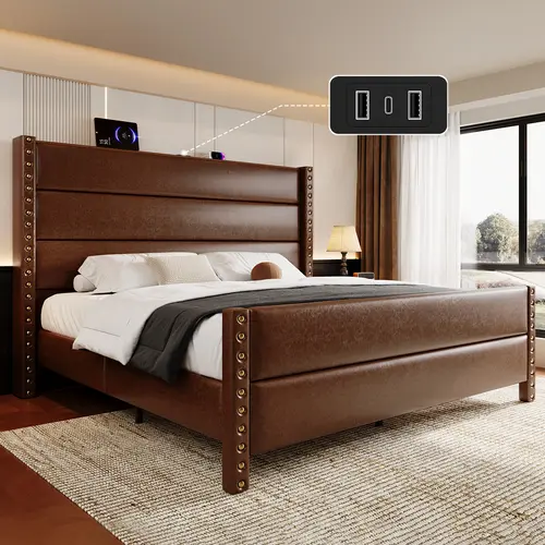 Belffin Queen/King Size Upholstered Mid-Century Modern Bed Frame - 55" High Headboard, Faux Leather Platform, 25.6" Footboard, Big Rivets Wingback, Storage, USB Port, Noise-Free Metal Bed Frame, Christmas Gift [tiktokshopbacktoschool][SohoChic]