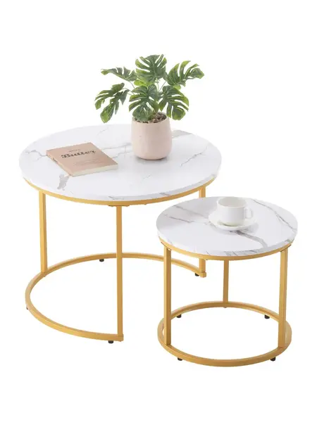 【FathersDayGift】VEVOR Nesting Coffee Table Set of 2, 23.6 in Round Coffee Table, Nesting Tables for Small Place, Vintage End Side Tables Night Stand with Metal Frame, for Living Room, Bedroom, Office (White & Gold)