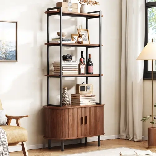 【SohoChic】ONBRILL 71" Tall 4-Tier Mid-Century Contemporary Wood Bookshelf - Curved Shelves, Storage Cabinet, Sliding Door, Adjustable Footpads - Freestanding Living Room Apartment Furniture, Books Organizer, Shelves for Bedroom