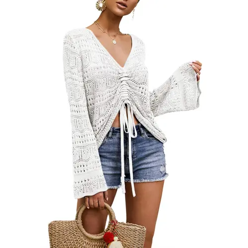 Saodimallsu Women's Bohemian Off-Shoulder Mesh Knit Crop Top - Loose Crochet Pullover with Bell Sleeves for Festival, Boho Casual Wear - All Seasons Knitwear