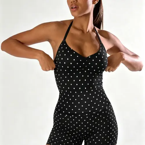 Summer Women's Polka Dot Pattern Activewear, Yoga Sports Clothing Set, Sporty Style Clothes, Sexy Quick-Dry Breathable Halter Tank Top & Athletic Shorts, Ideal for Gym and Outdoor Running