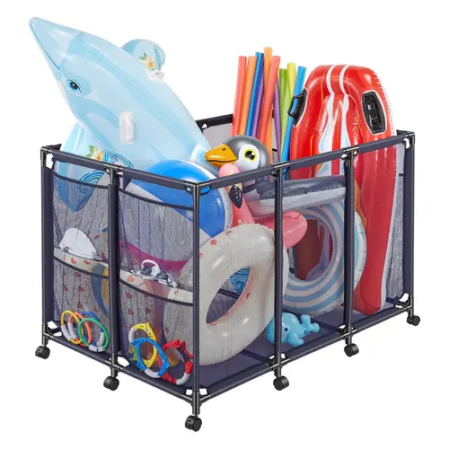 VEVOR Heavy-Duty Plastic Rolling Pool Storage Bin, 48.8 x 32.7 x 32.7 in Durable Metal Frame Organizer with Rolling Casters, Side Pockets, Breathable and Quick-Drying Mesh Basket for Pool Toys (Rectangular)