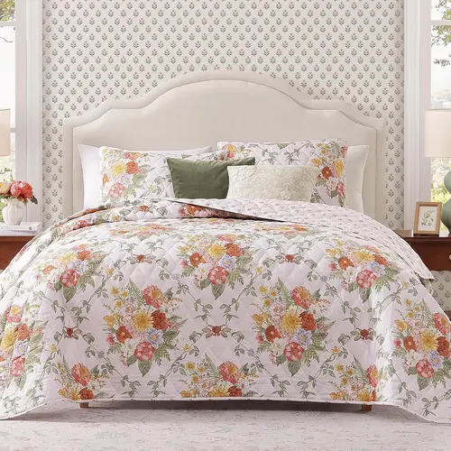 【Summer Sales Deals】King Size 3-Piece Reversible Lightweight Soft Bedding Set, Floral Garden Farmhouse Botanical Diamond-Stitched Quilt Bedding Set with 2 Pillow Shams for All Seasons; Twin Size 2-Piece Reversible Lightweight Soft Bedspread Coverlet