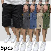 Men's 5-Pack Summer Casual Shorts, Polyester Baggy Drawstring Cargo Shorts with Large Cargo Pockets, Knee-Length Workwear & Basketball Bottoms