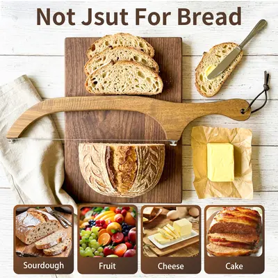 DGAPHRO Wooden Bread Slicer with 16" Bow-Design Stainless Steel Serrated Blade, Premium Camp Kitchen Utensils for Homemade Bread, Bagels, Cake