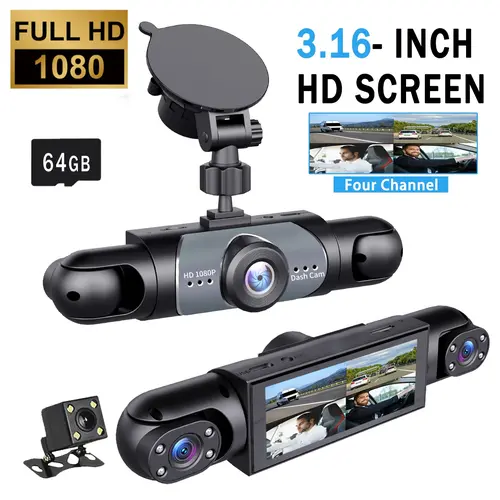 4 Channel 1080P Car DVR Dash Cam, Front Rear Left Right Wide Angle Recording, HD Screen, G-Sensor, Loop Record, 24/7 Parking Mode, Equipped with 64GB Memory Card