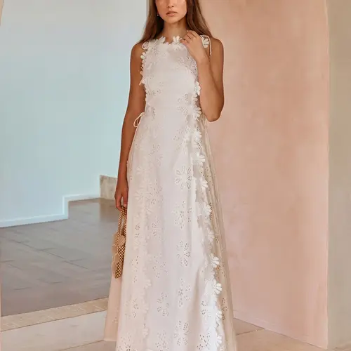 LIKEMYCHOICE 2026 Elegant Crochet Eyelet White Maxi Dress Halter Neck Sleeveless Bridal Shower Dress with 3D Floral Embroidery & Adjustable Straps - Beach, Fabric