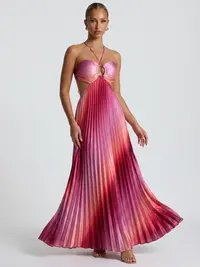 LikeMyChoice 2026 Ombre Pink Pleated Maxi Dress Halter Cut Out Vacation Dress for Women Casual Womenswear