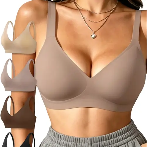 4 Pcs Basic jelly wireless woman comfortable push, Deep V Comfortable Push-Up Bralettes, Breathable Everyday T-Shirt Lingerie, Plain Elegant Nightwear Gift