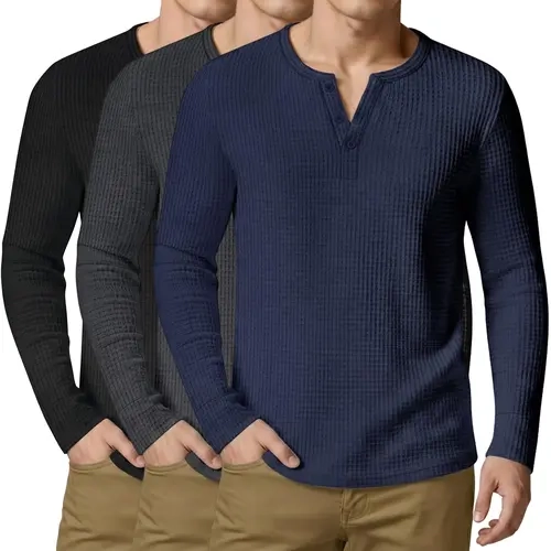 Gihuo 3 Pack Mens Waffle Henley Shirts Long Sleeve Cotton Casual T-Shirts Lightweight Thermal Undershirts Menswear Tops Hoodie Wetsuit Sweatshirts Sweater