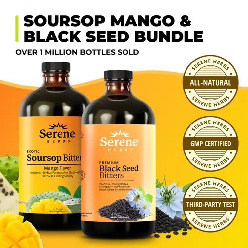 Serene Herbs Mango & Black Seed Bitters Bundle | Organic Herbal Detox for Digestive Health Gut Healthy Booster Immune Support & Energy | Non-GMO, Vegan (32 fl oz, 16 fl oz Each)
