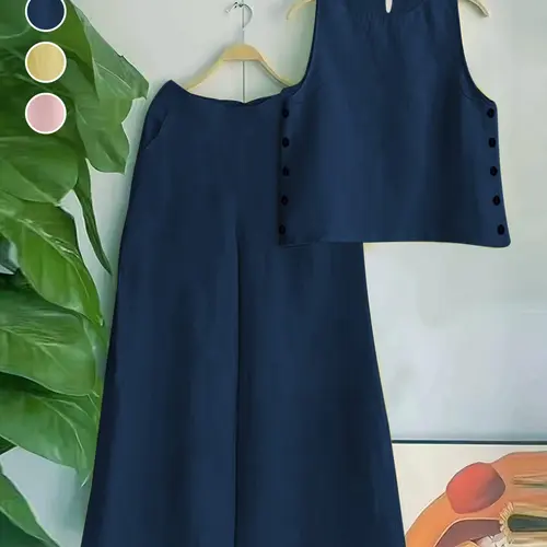 Women's Summer 2-Piece Set, Casual Sleeveless Camisole with Button Design, High-Waisted Loose Fit Long Pants, All Seasons Fashion Womenswear