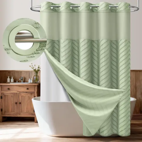 Hookless Boho Tufted Chevron Striped Shower Curtain, Waterproof & Washable, Removable White Outer Layer, Modern Textured Design, See-Through Mesh Top Window, for Bathroom & Hotel, 71 × 74 Inch