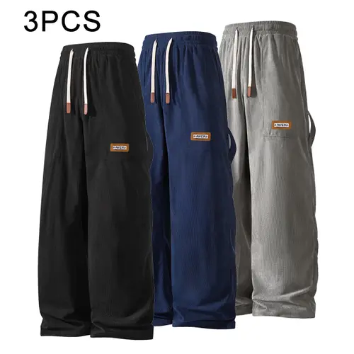 Men's 3-Pack Summer Corduroy Loose Trousers - Broad-Leg Cut, Casual Cargo Pants, Elastic Waistband with Drawstring, Soft Menswear for Summer Sports, Outdoor Activities,sohochic