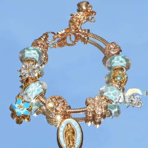 Religious Virgin Mary Charm Bracelet, Religious Moon Bracelet, Fashion Blue Cherry Blossom DIY Bracelet, Heart Life Tree Bracelet, Pretty Bracelet, Faith Jewelry, Jewelry Bracelets