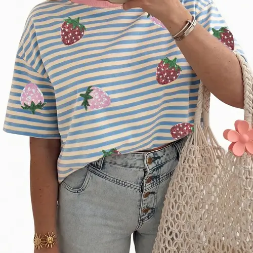 Women's Casual Striped Short Sleeve T-Shirt Cute Strawberry Sequin Embellished Loose Fit Round Neck Summer Tops 95% Cotton, Chic, Fabric