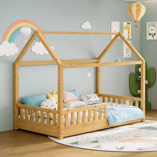 ALBOTT Twin Size House Bed for Kids, Montessori Wooden Floor Bed Frame with Guardrails, Removable Rails, Playhouse Roof, Easy Assembly, Toddler Floor Bed for Boys & Girls[tiktokshopbacktoschool][SohoChic]