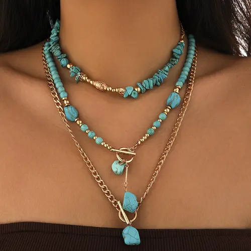Women's 3-Piece Bohemian Turquoise Beaded Stacked Necklaces - Cute Accessories, Jewelry, Gifts for Women, Free-Spirited Boho Mood, Boho Styling Feels Artsy and Relaxed (Sports & Outdoor Accessories Complement)