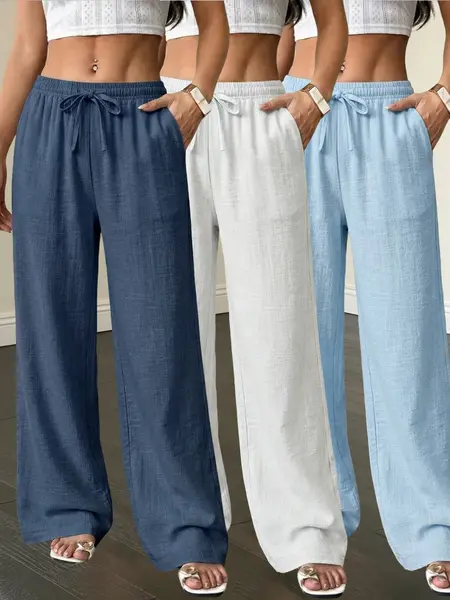Women’s 3 pack couple loose long pants made from woven polyester fiber, solid color straight leg design with drawstring and pockets, suitable for everyday outings and outdoor activities.