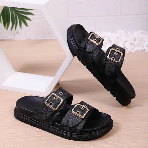 European Style Thick Sole Buckle Sandals for Women, Versatile Plain PU Leather Summer Beach Shoes, Casual Open-Toe Flip Flops