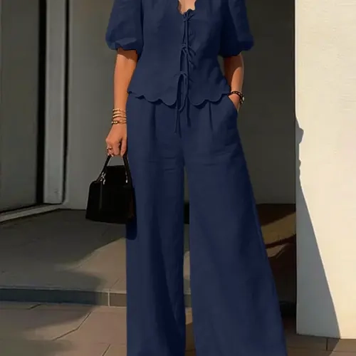 ZANZEA Women's Casual Suit, Matching Set Summer, V Neck Short Lantern Sleeve Lace Up Shirt + High Waist Adjustable Elastic Wide Leg Pants, Loose-Fitting, Plain Pattern, Ideal for Daily Wear, Womenswear