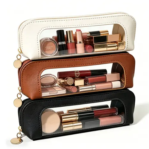Portable Lightweight PVC Makeup Brush & Cosmetic Bag - Multi-Functional Zipper Pouch, Beauty Organizer, Makeup Brush Cleaner, Clutter-Free Storage for Travel & Stationery, Trendy Girls' Essential to Store Neatly,sohochic