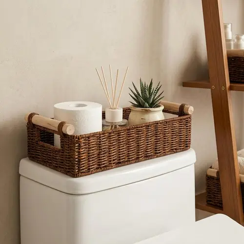 BROWNLILY Compact Handwoven Wicker Rattan Woven Look Toilet Tank Basket, Bathroom Decor Organizer with Easy Lift Wooden Handles, Rectangular Open Storage Bin for Extra TP, Tissues, Vanity Counter Shelf