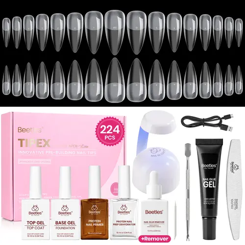 [Exclusive to TTS]Beetles Tipex Lite Gel Nail Extension Kit Instant Apex Nail Tips Kit with UV Nail Glue, Base & Top Coat, Remover, Mini Nail Lamp,Pre-Building Pre-Etched Acrylic Tips Kit, Set, Uv Led Nail Lamp, Fake Nails