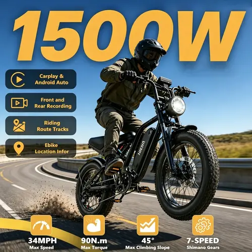 Hieha 2026 New Generation Smart Electric Bike for Adults - 1500W High-Speed Motor, 34MPH Top Speed, CarPlay Display, Dual Cameras, APP Integration, Waterproof All-Terrain, OTA Updates Keep It Fresh, Off-Road Ride, Father's Day Gift,toolupgrade