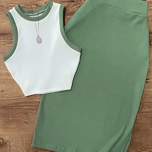 Women's Casual Colorblock Sleeveless Slim-Fit Tank Top and Split-Hem Midi Skirt Set, 2-Piece Outfit Set for Everyday Wear Clothes Skirt Top Sets