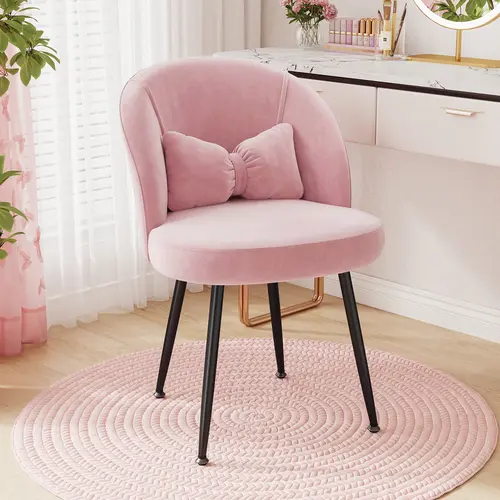 Raybee Cute Velvet Makeup Vanity Chair, with Gift Lumbar Support Pillow & Comfy Ergonomic Curved Backrest, Pink Space-Saving Armless Accent Desk Chair, Skin-Friendly Soft Upholstered Chair for Living Room, Dorm, Study Room, Bedroom Office #Backtoschool