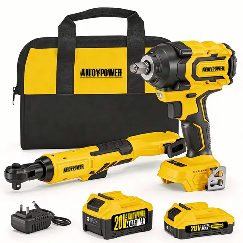 Alloyman 1/2'' Brushless Impact Wrench 516 ft-lbs(700 Nm) and 3/8'' Cordless Ratchet Wrench 44 ft-lbs (60 Nm) Combo Set, with Variable Speed, LED Light, 4.0Ah &2.0Ah Battery, Charger