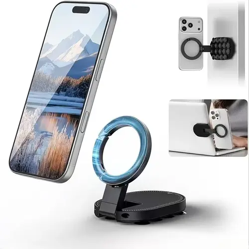 【toolupgrade】QY76 MagLock Magnetic Car Phone Holder - Compact, Adjustable 360-Degree Magnetic Suction Mount with Suction Cup Grip, Iron Clip, Carabiner Clip, Metal Ring, Cars Accessories for iPhone 17/16/15/14, Desktop/Wall/Glass Mount, Compact Phone Moun