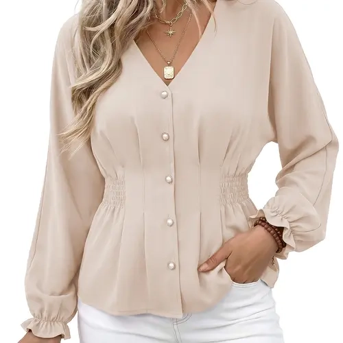 EVALESS Women's Fitted V Neck Tops Button Long Sleeve Solid Color Blouse 2026 Womenswear  Deals For You Days summer outfits