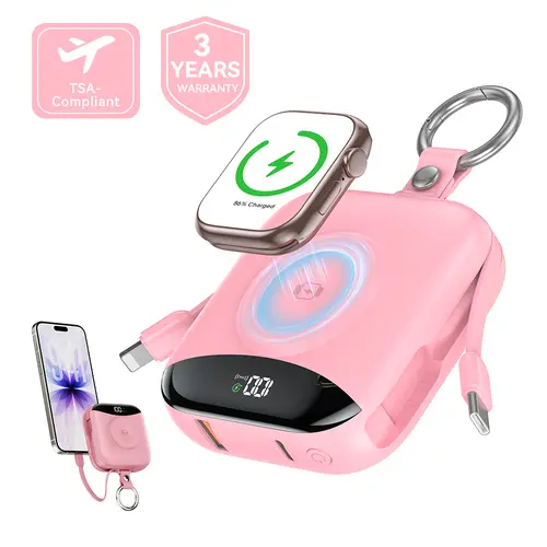 10,000 mAh TSA-Friendly Portable Power Bank,5-in-1 Wireless iWatch Charger with Built-In USB Cables, 22.5W Fast Charging, LED Display, Keychain Clip for iPhone/Android, Travel Stuff,Portable Chargers,,sohochic