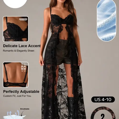 Katch Me Chic Women's Breezy Adjustable Strap Sweetheart Neckline Front‑Split Sheer Lace Maxi Dress, Vibrant Bralette Lace Top