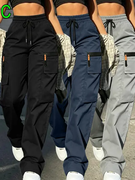 Women’s casual long pants made from thin, soft summer fabric — available in two design options: drawstring waist with real zipper pockets and decorative zipper pockets (no back pockets), multiple pockets, adjustable waistband (also offers plus-size women’